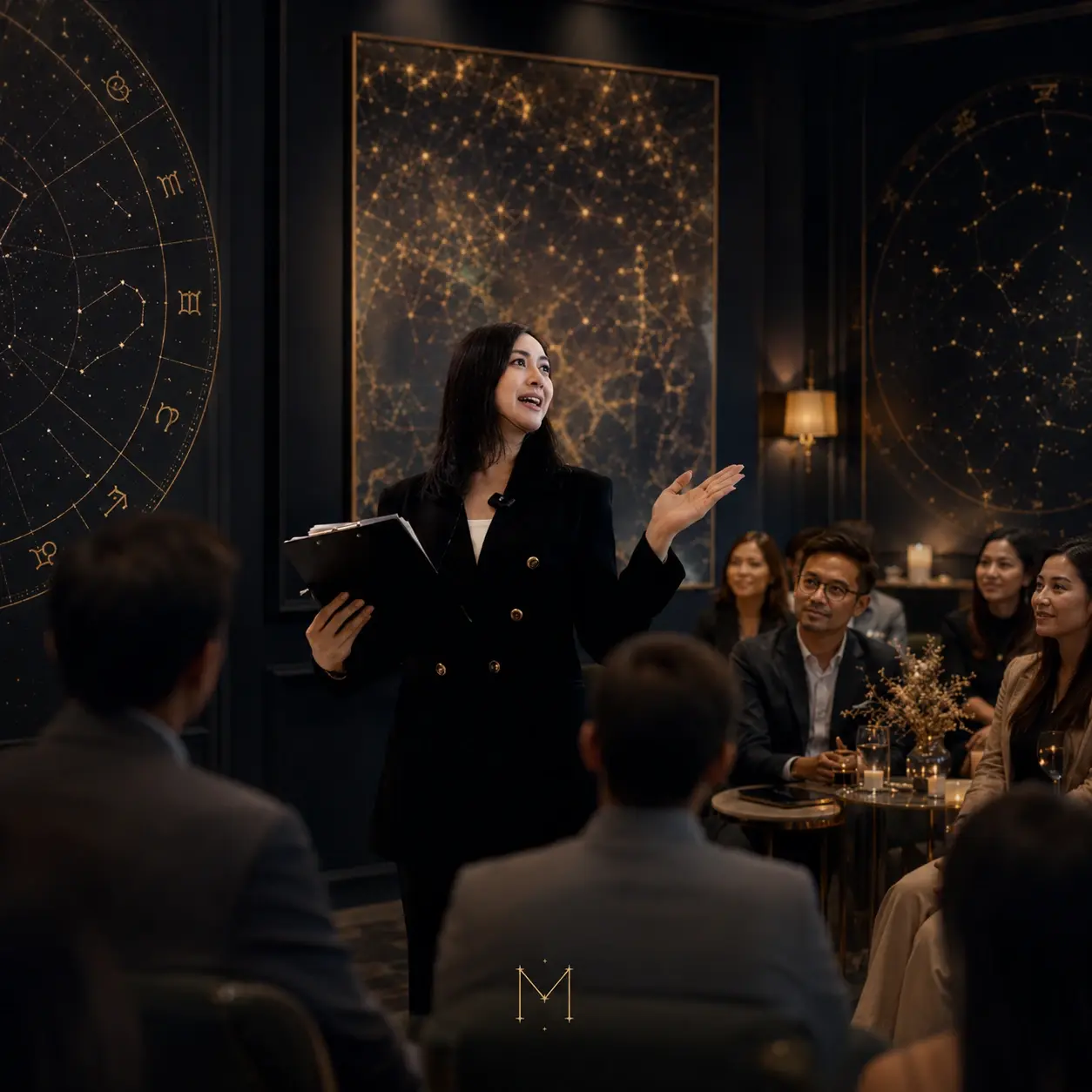 Ilustrasi Mizrens membacakan birth chart di depan tamu dalam sesi Mizrens Live